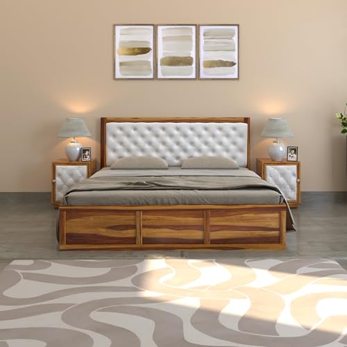 Image of DRIFTINGWOOD Dolvi Sheesham Wood King Size Bed Bundle with 2 Bedside Tables | Solid Wood Bedroom Set with Storage Furniture Set & Upholstered Headboard | Wooden Palang (Natural Finish)