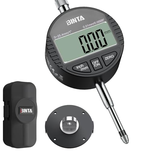 BINTA Digital Dial Indicator 1inch/0.0005inch, LCD Screen Zinc Alloy Digital Indicator with Rear Cover for Industrial,Mechanical, 3D, Laboratory Settings (Black)
