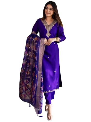 Image of VredeVogel Women's Beads Embroidered Silk Blend Kurta Pant Set with Organza Dupatta | Perfect for Festive & Casual Ethnic Kurta Set for Women
