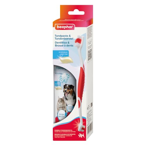 Beaphar Dentifricio & Brush Combipack - Con enzimi che combattono la formazione di placca dentale - Brostel e dentifricio per cani e gatti