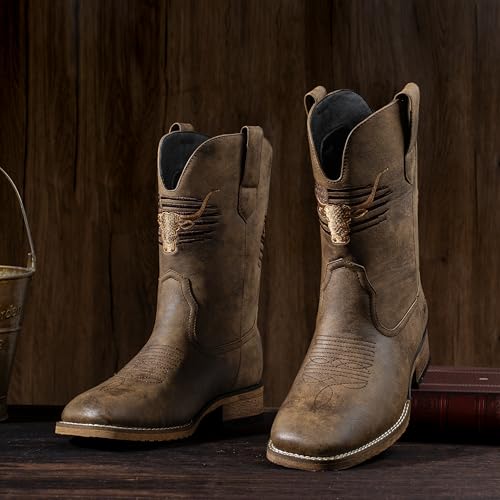 Winbird Cowboy Boots For Men Square Toe Western Men's Boots Vegan/Genuine Leather with Classic Patriot Pull On Boot, Slip Resistant Country Boots Chunky Heel Short Boots for Spring Fall - Image 5