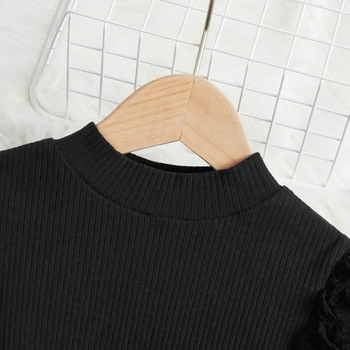 Girls' Dress: Black Rib Knit Top with Puff Ruched Sleeves and Pink Heart Print Skirt 2 piece outfit 2-8 Years4