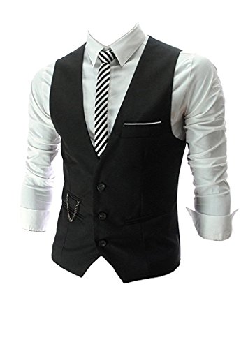 PXS Vest V-Neck Sleeveless Slim Fit Jacket Men Business Waistcoat (Black, M)