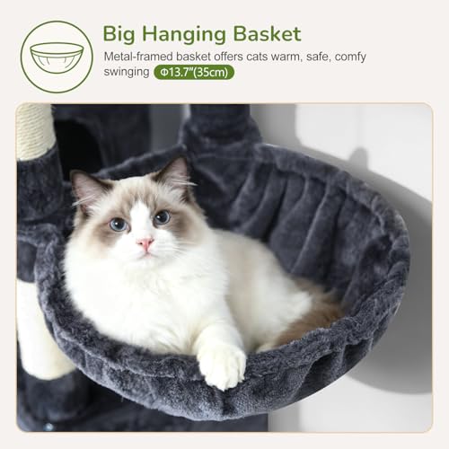 Image of Globlazer 52in Cat Tree Tower for Indoor Cats, 2 Condos, S52, Dark Grey | Multi-Level Plush House, 5 Sisal Scratching Posts, 2 Padded Top Perches, Big Metal Basket, Stable Enlarged Base