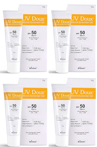 Image of Brinton Healthcare UvDoux Face & Body Sunscreen gel with SPF 50 PA+++ in Matte Finish and Oil Free Formula| Water Resistant Sunscreen| Protection against UVA /UVB Rays,50 gm x Pack of 4
