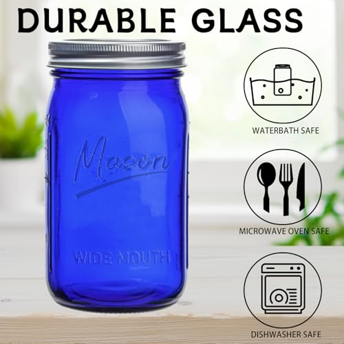 Blue Mason Jars 32 oz,6 Pack Wide Mouth Colored Quart Canning Jars with Airtight lids & Bands for Centerpieces,Fermenting,Pickling,Storage,DIY Crafts & Décor