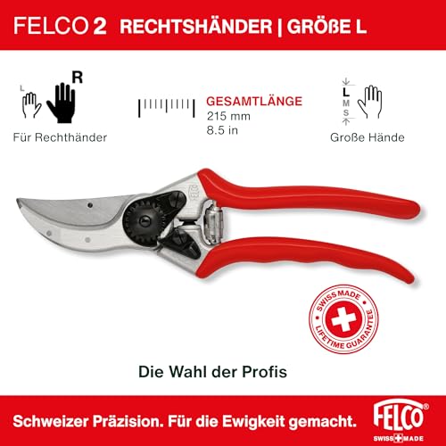 FELCO 2 professionelle Bypass-Gartenschere für Rechtshänder, 41 mm gehärtete Stahlklinge, geschmiedete Aluminiumgriffe, robustes Werkzeug für mittelgroße bis große Hände, 25 mm Schnitt, Swiss Made