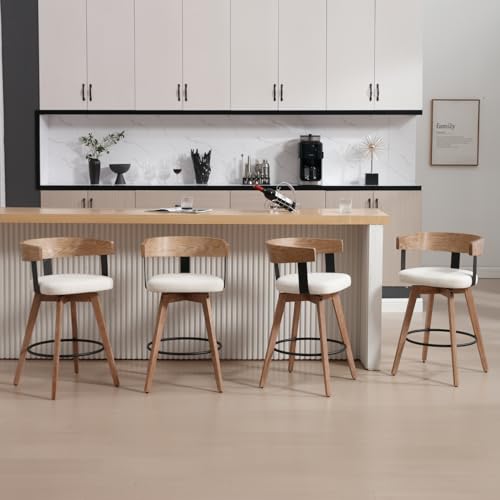 LukeAlon Butacos Giratorios de Altura para Isla de Cocina, 26", Tapizados en Lino Blanco, Estilo Mid Century con Espalda Curva de Madera y Patas de Madera, Juego de 4 miniatura 7