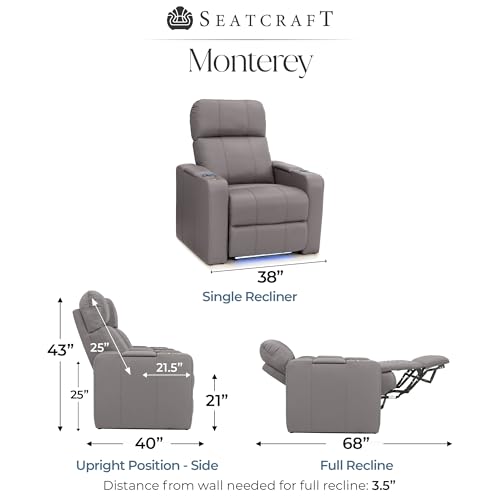 Image of Seatcraft Monterey Gray Italian Leather Home Theater Seating, Zero Gravity Power Recliner, Gaming and Home Office Chair, Powered Headrest Furniture for Family Cinema Room, Single Recliner