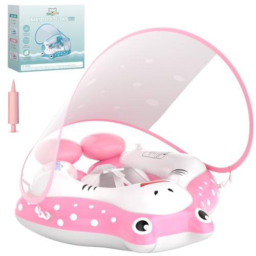 Baby Pool Float with Canopy, Cellulera Inflatable Toddler Pool Float Baby Swimming Float, Adjustable Safety Seat Add Tail No Flip Over, Swim Float for Age of 12-36 Months L Size (Pink)