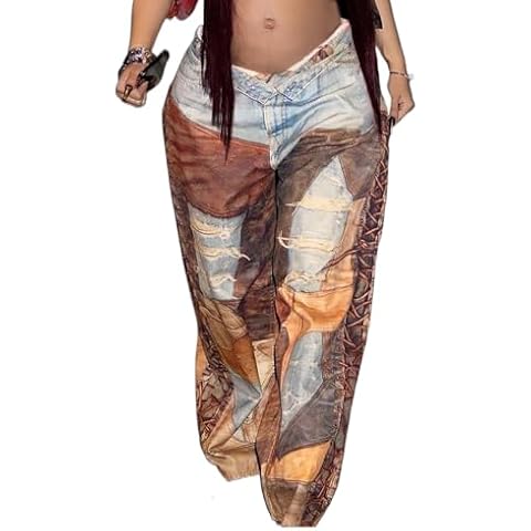 Akmipoem Barrel Pants for Women Printed Casual Wide Leg Pant Mid Rise Buttoned Y2k Baggy Trousers Brown XL Cover