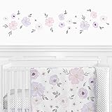 Sweet Jojo Designs Purple and Grey Watercolor Floral Peel and Stick Wall Decal Stickers Art Nursery Decor - Set of 4 Sheets - Lavender, Pink, Gray and White Rose Flower