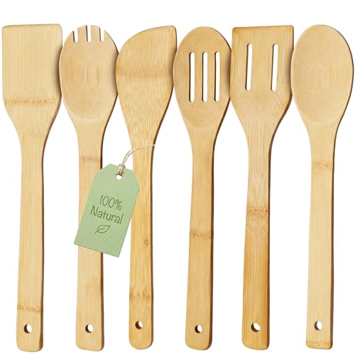 HAKSEN Bamboo Wooden Spoons for Cooking 6-Piece, Nonstick Bamboo Kitchen Utensils Set Wood Spatulas Spoons for Daily Use, Housewarming Gifts