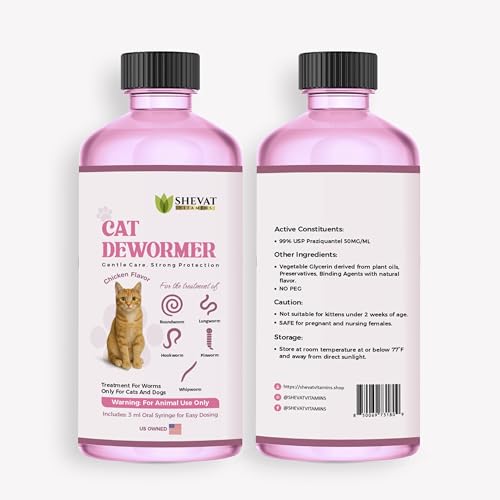 Dewormer for Cats Liquid – Chicken Flavor Cat Dewormer for Cats & Kittens – Oral Formula with Syringe – Tapeworm Care Support – 2 oz (60 ml)