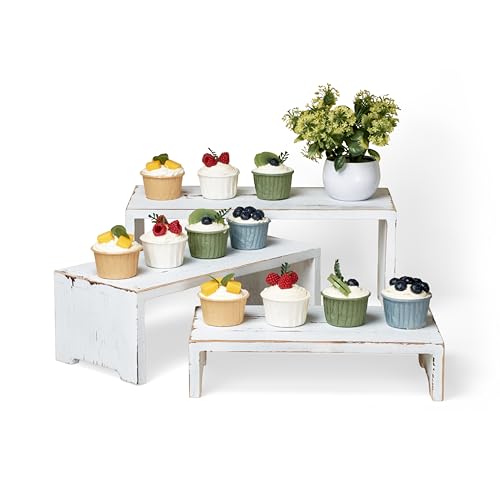 DAOYOUSKY Set of 3 Wooden Rustic Cupcake Stand for 24 Cupcakes, Stepped Wood Display Stand for Weddings, Tiered Party Buffet Table Display Nesting Riser for Food , Dessert, Cookie, Craft Show, White