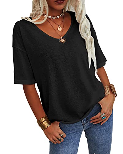Tankaneo Women's 3/4 Sleeve Shirts V Neck Loose Fitting Tops Casual Solid Color Tshirts Trendy Basic Tunic Summer Ladies Tops2