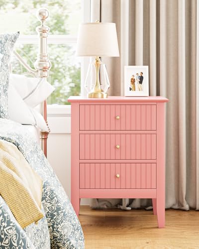 Image of Fluted Nightstand, Farmhouse Night Stand with 3 Drawers, Mid Century Modern Side Accent Table,Bedside End Table for Bedroom, Living Room, Pink