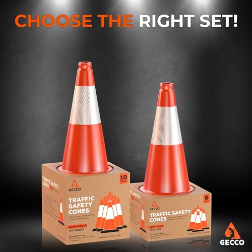 Image of GECCO (10 Pack) 18 Inch 3.3 Lb Small Orange Traffic Cones Set | Safety Cones, Orange Cones, Parking Cones, Construction Cones, Road Cones | PVC Plastic & Black Base - [PRO Series]