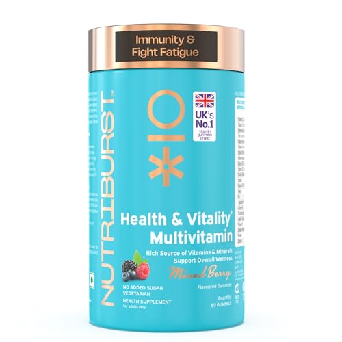 Image of Nutriburst Health & Vitality Gummies with Multi Vitamins A, B, C, D, E & Biotin | No-Added Sugar| Mixed Berry Flavor |100% Vegetarian| 60 Gummy (Pack of 3)
