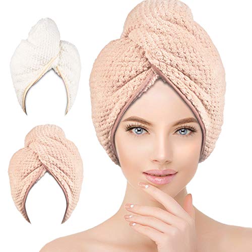 Microfiber Hair Towel Wrap, 2Pcs Hair Towel, 10 inch x 25 inch Microfiber Towel for Hair, Hair Wrap for Women's Long or Thick Hair, Quick Dry Hair Turban for Drying Curly (Beige+Pink)