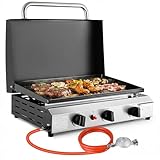 LIFERUN Tragbarer Tischgrill mit 3 Edelstahl-Brenner,Kompakter Gasgrill mit Deckel 7.2KW,Campinggrill mit Keramische Lackbeschichtung Grillplatte(58×35cm),Balkongrill für Terrasse,Garten,Picknick BBQ