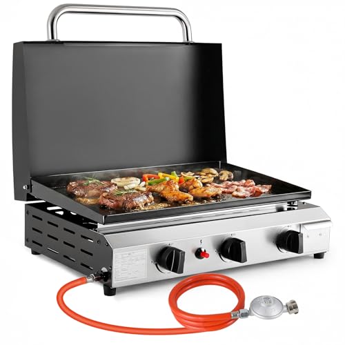 LIFERUN Tragbarer Tischgrill mit 3 Edelstahl-Brenner,Kompakter Gasgrill mit Deckel 7.2KW,Campinggrill mit Keramische Lackbeschichtung Grillplatte(58×35cm),Balkongrill für Terrasse,Garten,Picknick BBQ