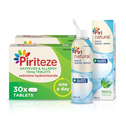 Piriteze Allergy Relief Antihistamine Tablets (60) & Pirinatural Breathe Clean 1x100ml Bundle - Hayfever Tablets with Cetirizine - Hayfever Nasal Spray - Allergy Tablet & Sinus Relief
