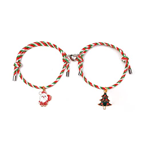 El Regalo BFF 2Pcs Set Christmas Bracelets Set- Unique Magnetic Christmas Charms Bracelets for Best Friends/Couples/Family – Snowflakes Candy Ball Tree Santa Wreath