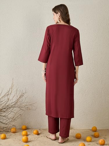 Image of INDO ERA Women's Pure Cotton Straight Embroidered Kurta with Pant | Women Kurta Set | Ethnic Wear for Women | Daily Office Casual Traditional Outfit,IESTR12241XXL | Cord Set For Women Cotton |