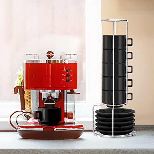 Houseables Espresso Cups And Saucers With Spoons, Black, Stackable Demitasse With Metal Stand, 19 Pieces, 2.5 Ounce, Porcelain, Tea Kit, Teacups, Turkish Coffee Mug, Organizer Rack #TOP3