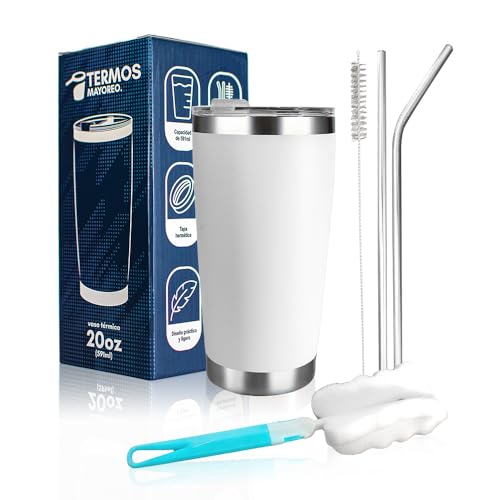 Reviews de Vaso blanco disponible en línea. 44 Vaso térmico de 20 oz – Acero inoxidable 18/8 con doble pared, mantiene bebidas frías y calientes, incluye 2 popotes de acero, cepillo limpiador, tapa a prueba de fugas y base...