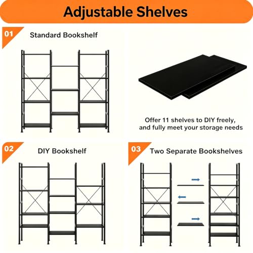 Image of HealSmart Triple Column 4 Tier Bookshelf, Industrial Bookcase with 11 Open Display Adjustable Shelves, Wide Convertible Display Modern Bookshelf for Living Room & Home Office, Black