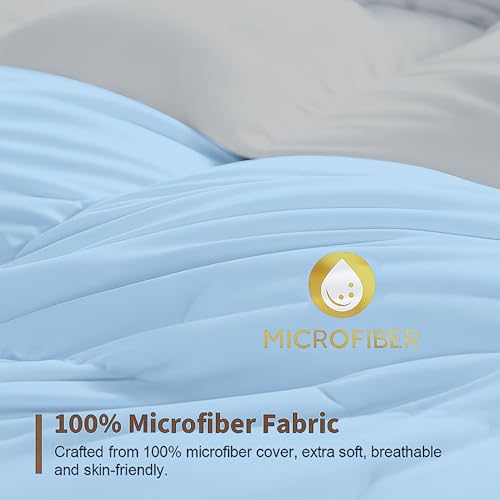 Image of Bed Comforter - Double Size - Light Blue & Light Grey - 300 GSM Quilt Blanket Rajai - Winter Warm Down Alternative Duvet Insert with Corner Ties