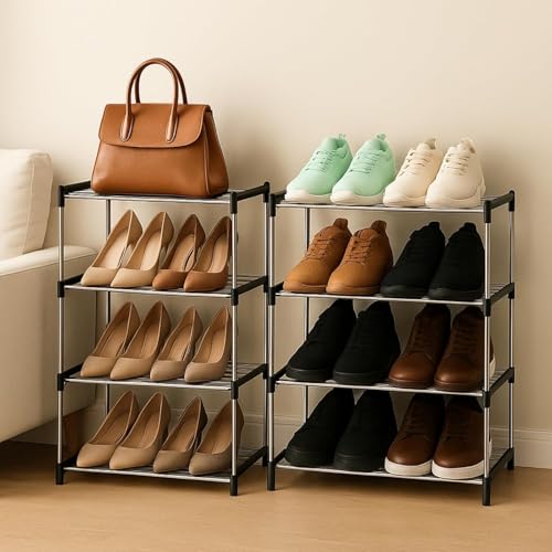 Image of Melanie 4 Tier Shoe Rack for Home, Alloy SteelShoe Stand for 8-12 Pairs, Space Saving Shoe Organizer Shelf, Rust-Proof Portable Footwear Storage for Entryway, Bedroom & Closet