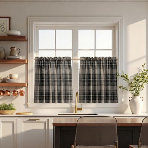Image of TWOPAGES Rod Pocket Plaid Print Cafe Curtains, Raisin, 26W x 45L