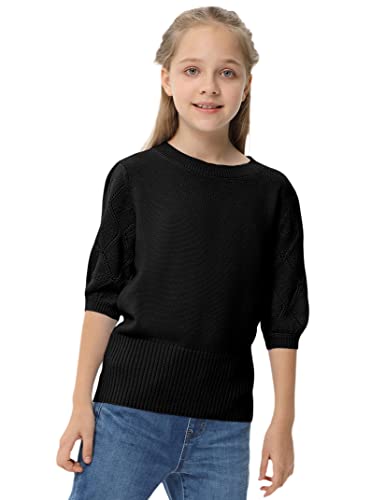 Girls Puff Short Sleeve Knit Sweaters Crewneck Pullover Sweater Kids Cute Fall Blouse Tops 5-14Y2