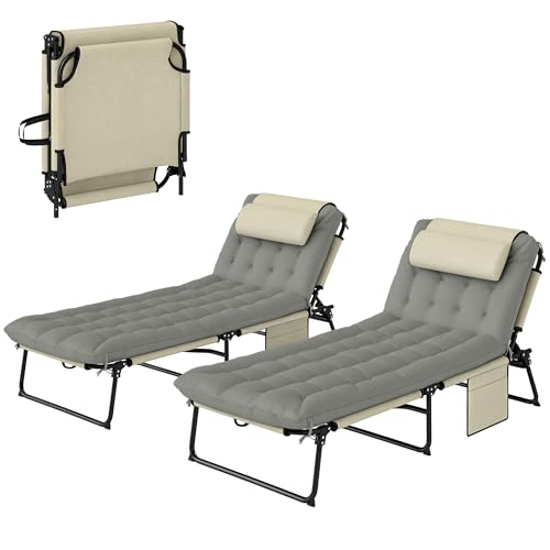 Outsunny Lot de 2 transats Bains de Soleil Pliable avec Dossier inclinable 4 Positions - Appui-tête et Matelas épais Ultra Confortable - Tissu textilène et Acier,...