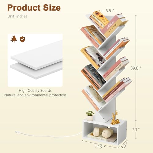 Image of Hoctieon 9 Tier Tree Bookshelf, Tall Bookcase, Freestanding Book Shelf with LED Lights, Display Floor Standing Storage Shelf, Book Organizer Shelves for Home Office, Living Room, White
