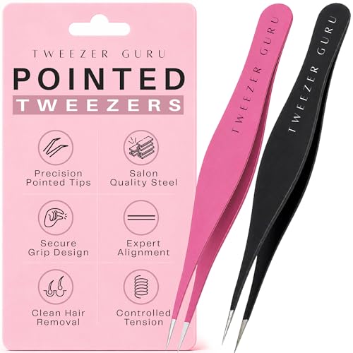 Pointed Tweezers - Sharp Precision Needle Nose Tip, Best Tweezers for Eyebrows and Ingrown Hair, Surgical Pointed for Blackheads & Splinters (Classic Pink & Black)