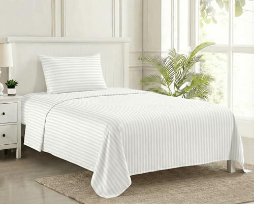 Image of Trance Home Linen 100% Cotton 200 TC Satin Stripe Single Bedsheet with Pillow Cover | Fade-Resistant, Soft & Hypoallergenic |Flat Bedspread for Single Mattress - (54 x 90 inch, White)