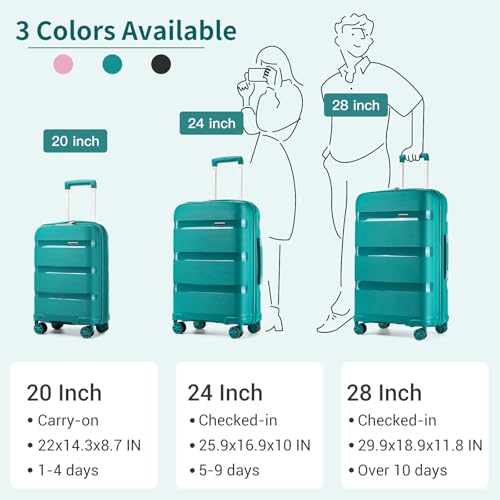 Image of Kono Luggage Sets 3 Piece Hard Shell Travel Trolley 4 Spinner Wheels Lightweight Polypropylene Suitcase with TSA Lock (Turquoise, 20 /24 /28 Set)