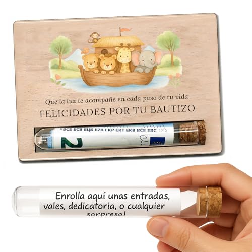 Cartão-presente batizado em madeira - Detalhe original com tubo para dinheiro, vale ou mensagem - presente batizado para menina, batismo menino - lembrança emocional para padrinhos, madrinha ou
