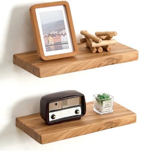 Image of Floating Shelves for Wall, 16 inchWx8 inchD Rustic Solid Elm Wood Floating Shelves Wall Mounted, Round Edge Wall Shelves with Invisible Bracket for Living Room Bathroom Bedroom Kitchen, Set of 2, Natural