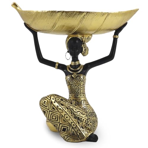 Lescafita African Woman Sculpture with Gold Leaf Bowl, Handmade Resin Figurine, Exotic Tribal Art Statue for Living Room, Dining Table, or Entryway Decoration