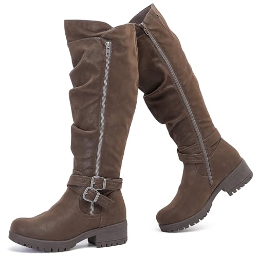 Ruiee Women's Slouchy Knee High Boots Low Heel Comfort Round Toe Tall Calf Flat Riding Combat Boots for Women.GR23005 Brown PU Size10