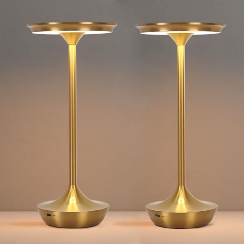 Cordless Table Lamp Set of 2,Portable Rechargeable 6000mAh Outdoor LED Table Lamps,3 Color Stepless Dimming Touch Battery Powered Lamp, Table Light for Restaurant/Patio/Camping/Bedroom(Gold)