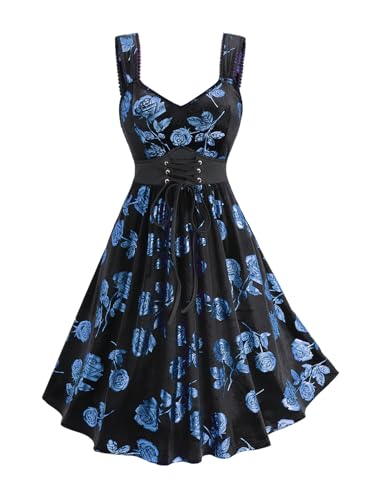 Image of Rosegal Women Plus Size Gilding Rose Lace Up Velvet Sleeveless Swing Dress