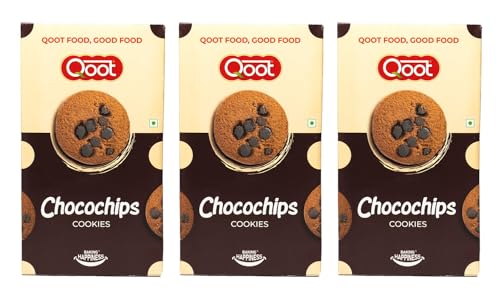 Image of Qoot Choco Chip Cookies (Pack of 3 x 200g) | Healthy, Crunchy Nutty Cookies & Biscuits | No Palm Oil, No Preservatives, No White Sugar | Natural, Protein-Rich Snack | Freshly Baked Snacks for Tea, Breakfast & Gifting