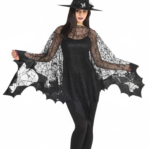 Whongkidz Halloween Costumes for Woman Black Bat Poncho Plus Size Spider Web Cape Sexy Vampire Costume