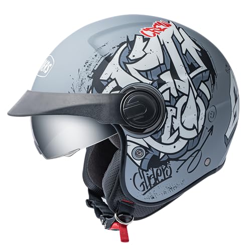 Image of Gliders Jet Trio D3 ISI Certified Open Face Graphic Helmet with Peak and Clear Visor (Matt Nardo Grey with Off White, L)